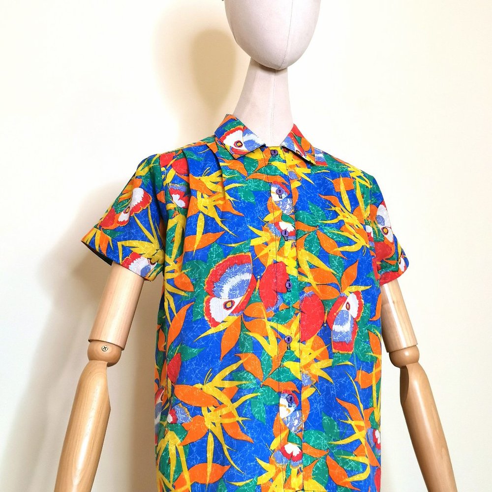 Tropical Print 80s Button Front Blouse